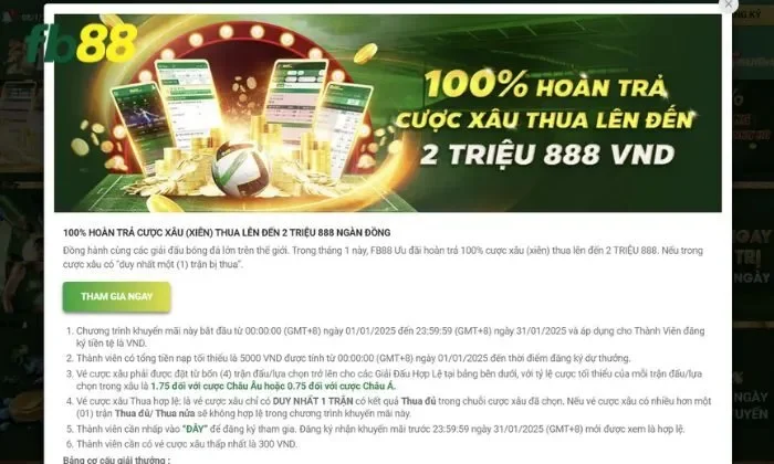 100% hoàn trả cược xâu FB88 Thời gian diễn ra sự kiện và đối tượng áp dụng cần biết