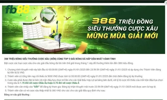 Siêu thưởng cược xâu FB88 Thời gian và điều kiện áp dụng Siêu thưởng cược xâu FB88