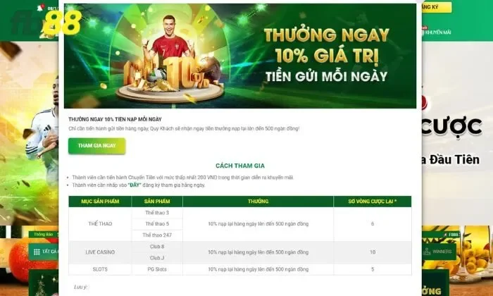 Thưởng ngay 10% giá trị tiền gửi mỗi ngày FB88 Giới thiệu chương trình thưởng 10% giá trị tiền gửi mỗi ngày FB88