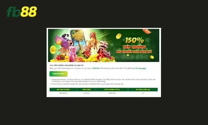 thưởng ngay thành viên mới FB88 Thưởng đến 150% khi tham gia sảnh quay nổ hũ