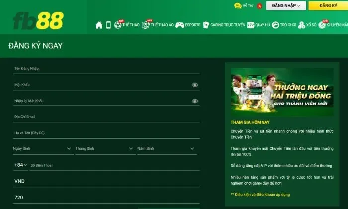 thưởng ngay thành viên mới FB88 Bấm “Đăng ký” để tạo tài khoản